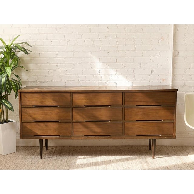 Vintage Mid-Century Modern Walnut Nine-Drawer Dresser For Sale - Image 11 of 12