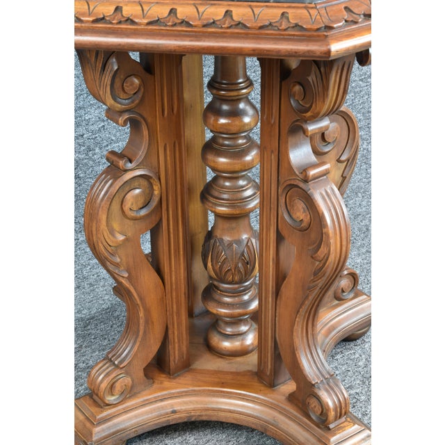 Italian Gueridon Carved Scrolling Legs Hexagonal Walnut Base Italian "Nero Portoro" Marble Top Table For Sale - Image 6 of 11