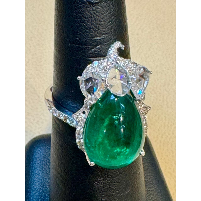9 Ct Finest Zambian Sugar Loaf Emerald & 2 Ct Rose Cut Diamond Ring Size 7 For Sale - Image 4 of 18