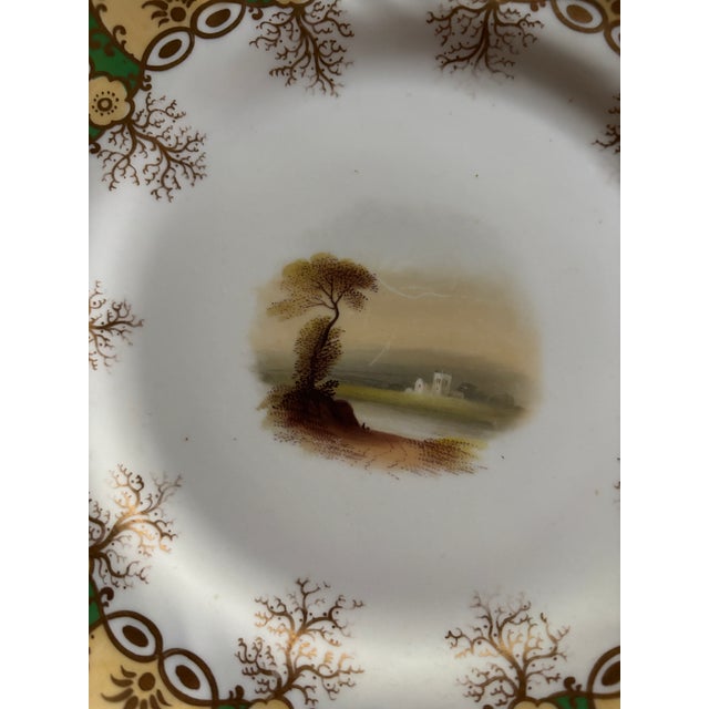 Victorian Antique Green & Gilt Porcelain Plates Scenic Victorian C 1900 Gold Scalloped - Set of 10 For Sale - Image 3 of 12