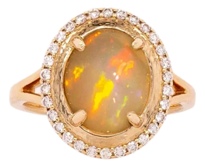2.4cts Ethiopian Opal Ring With Natural Diamonds Accents: Solid 14k Gold, 11x9mm