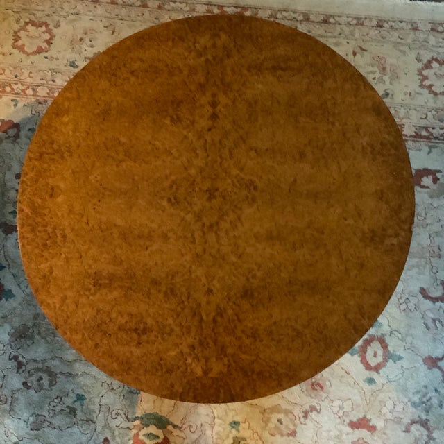 Biedermeier Pedestal Based Deco Style Table.Exotic Burled Top ,Solid Wavy Grained Carved Feet.Currently used as a side...