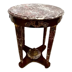 Early 1900s Antique French Round Table Entry Stand Marble Top Column Legs Gilt Brass Ormolu
