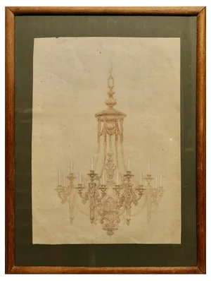 Amor Fenn, Arts and Crafts Multi-Branch Chandelier Illustration, 1890, Drawing on Paper, Framed