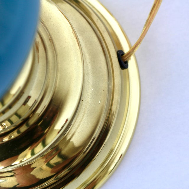 1960s 1960s Mid-Century Hollywood Regency Teal Enamel & Brass-Plated Table Lamps - A Pair For Sale - Image 5 of 10