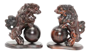 Chinese Wood Lion Foo Dogs Incense Holder - A Pair