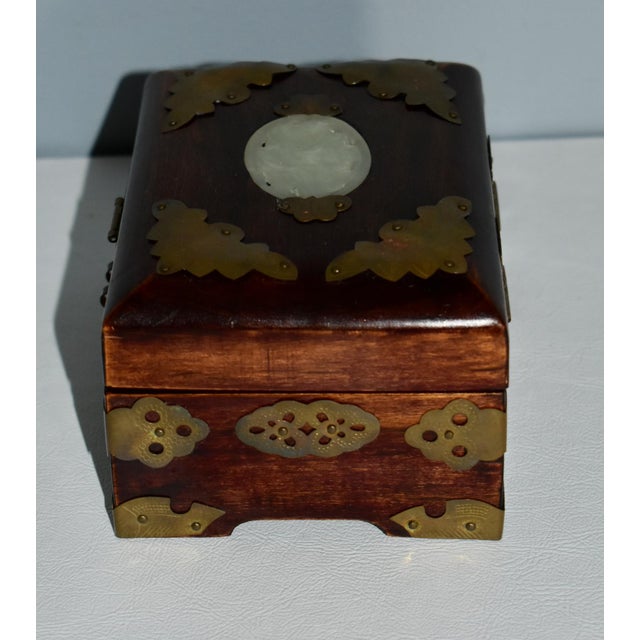 Vintage (1960's) Wooden Jewerly Box has an Asian Style. Rectangular Shape, Satin Lined Fitted Interior, Jade Insert, and...