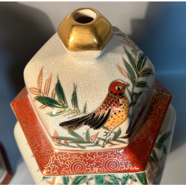 Japanese Pair Meiji Reproduction Satsuma 15" Vases With Lids. Bamboo & Bird Designs For Sale - Image 3 of 10