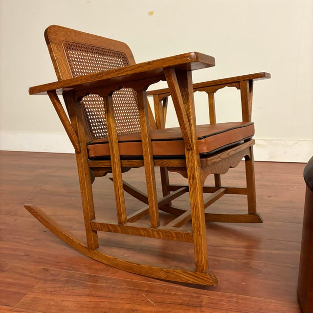 Vintage Oak & Cane Mission Style Rocking Chair With New Leather Cushions For Sale - Image 13 of 18
