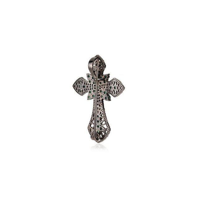 Green Art Deco-Inspired Emerald Diamond Cross Brooch Cum Pendant- Best for Gifting For Sale - Image 8 of 14