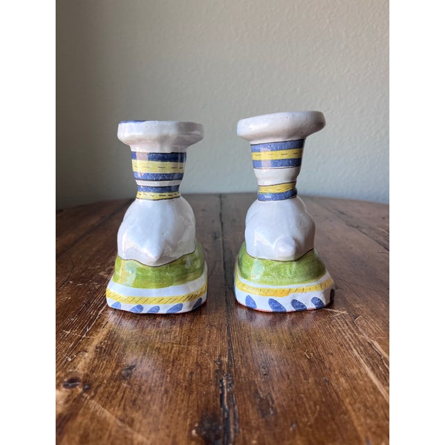 Pair of Hand Painted Bunny Rabbit Terracotta Candlestick Holders, Made in Portugal For Sale - Image 4 of 11