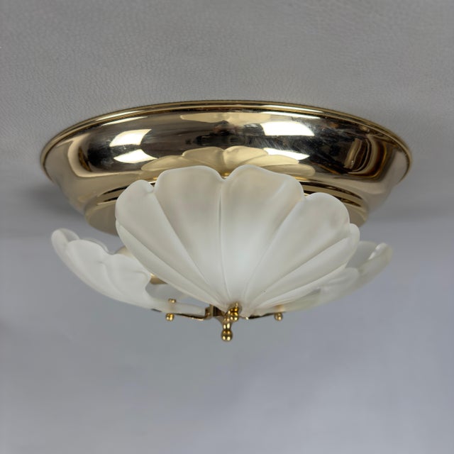 Modern Vintage Ceiling Lamp in Polished Brass Leaves and Satin Glass, 1970s For Sale - Image 3 of 12