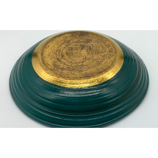 Signed Stoneware Centerpiece Bowl in Teal & Gold Gilt For Sale - Image 4 of 8