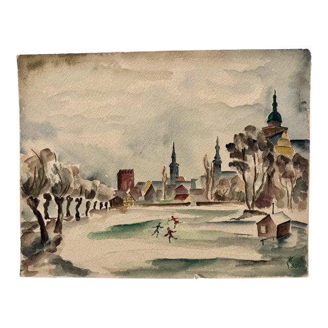 Henry Emil Salloch Original Watercolor on Paper European City Winter Scene, 1935. For Sale