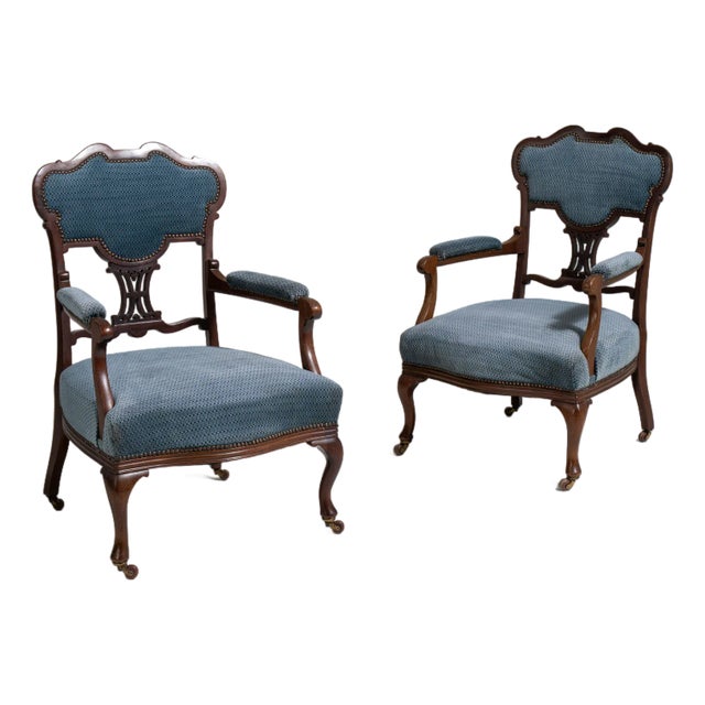 Pair of Louis XV Upholstered Armchairs, Rococo Style, United Kingdom, 19th Century For Sale
