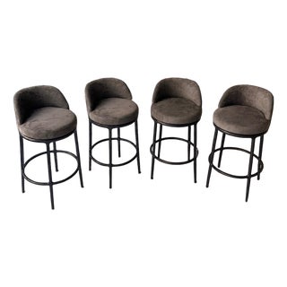4 Restoration Hardware Rh Thaddeus Italian Truffle Veneto Leather Swivel Barstools For Sale