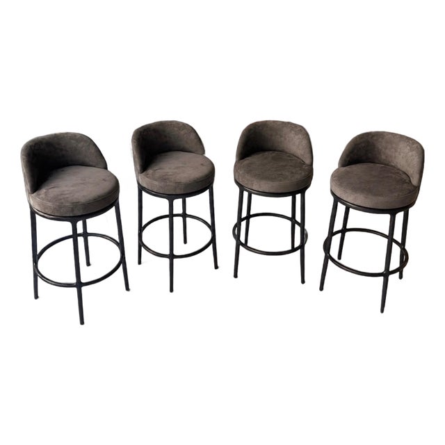 4 Restoration Hardware Rh Thaddeus Italian Truffle Veneto Leather Swivel Barstools For Sale