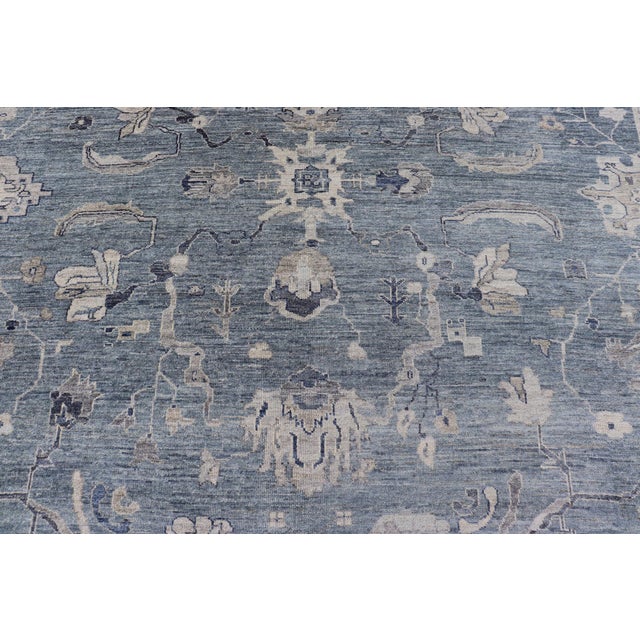 Turkish Angora Oushak Rug With Steel Blue Field and Light Gray Border For Sale - Image 12 of 14