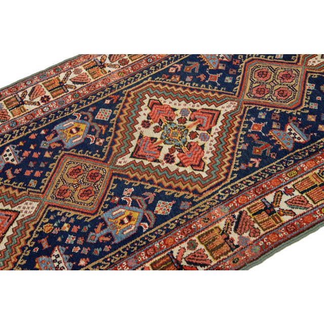 Navy Blue Handmade Navy Blue Antique Kurdish Wool Runner With Allover Design For Sale - Image 8 of 9