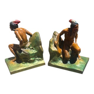 1920s Turn of the Century Hand Painted Native American Bookends For Sale