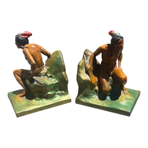 1920s Turn of the Century Hand Painted Native American Bookends