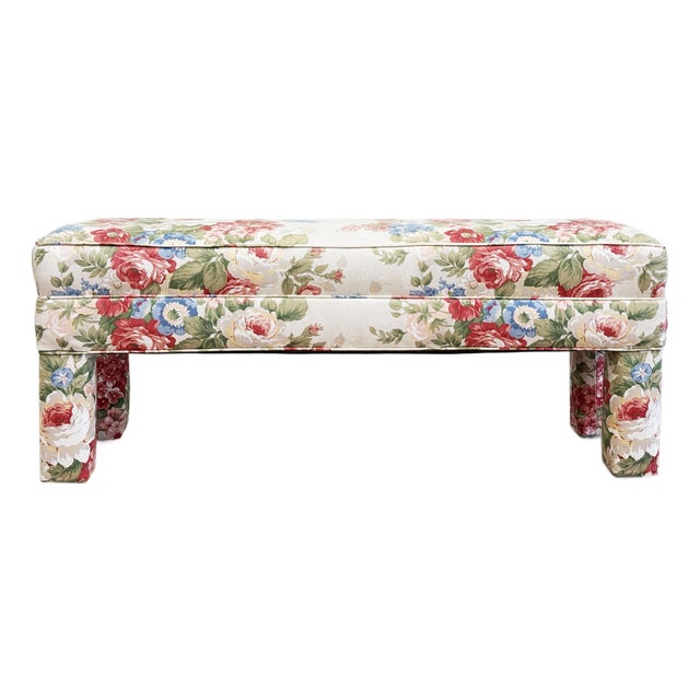 Vintage Floral Pattern Upholstered Parsons Style Bench For Sale