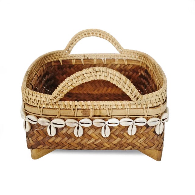 Boho Chic Vintage Coastal Bamboo & Cowry Basket Medium For Sale - Image 3 of 9