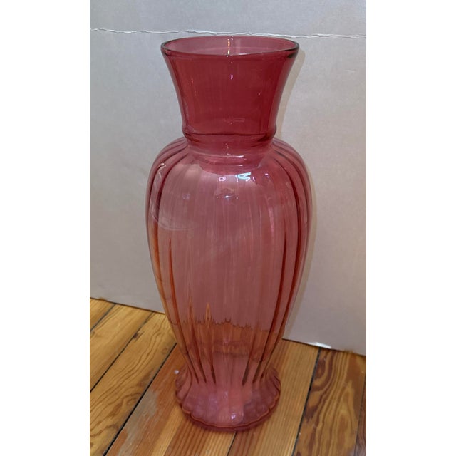Contemporary Ribbed Cranberry Pink Glass Vase - 16 Inches Tall For Sale - Image 4 of 10
