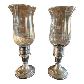 1970s Gorham Sterling Silver Candle Sticks With Etched Glass Hurricane Shades - a Pair For Sale