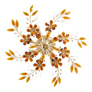 1970s Large Amber Crystal Flower Chandelier, Maison Baguès Style, 8-Light For Sale