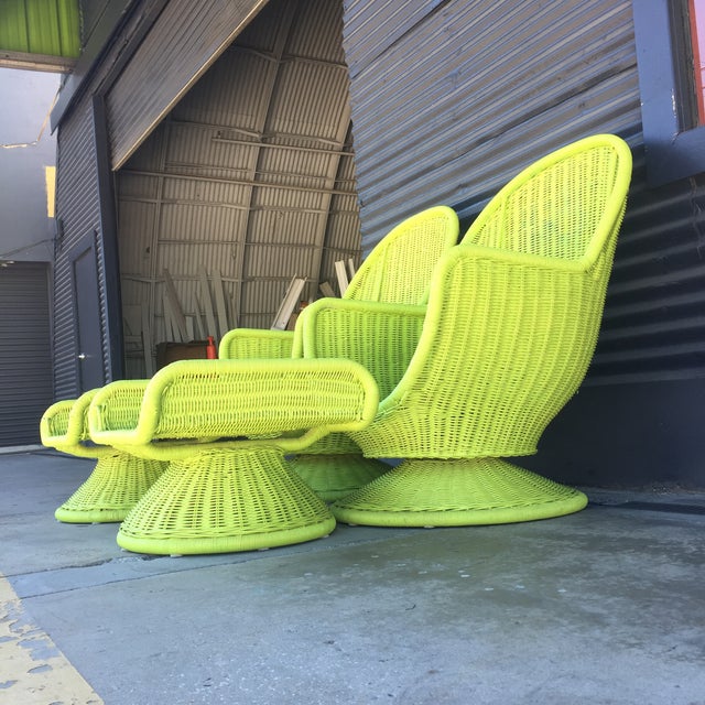 Vintage Lime Green Wicker Swivel Egg Chairs & Ottoman Set ...
