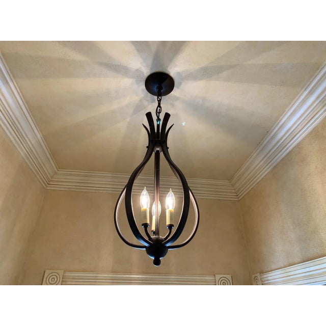 Art Deco Pair Bronze Finish Three Light Pineapple Form Pendant Light For Sale - Image 3 of 8