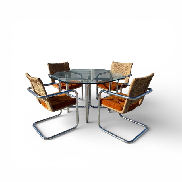 Vintage Chromcraft Chrome and Woven Five-Piece Dining Set, Mid-Century Modern, Mid-Century, Coastal, Glass For Sale - Image 10 of 18
