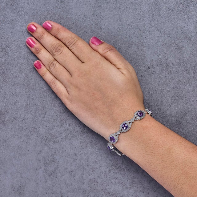 Haus of Brilliance Sterling Silver Cushion-Cut Purple Amethyst & Diamond Vintage Halo Link Bracelet For Sale - Image 4 of 5