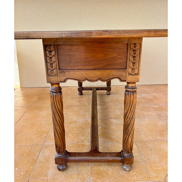 Spanish Walnut Drop-Leaf Table With Three Drawers, 1930s For Sale - Image 13 of 16