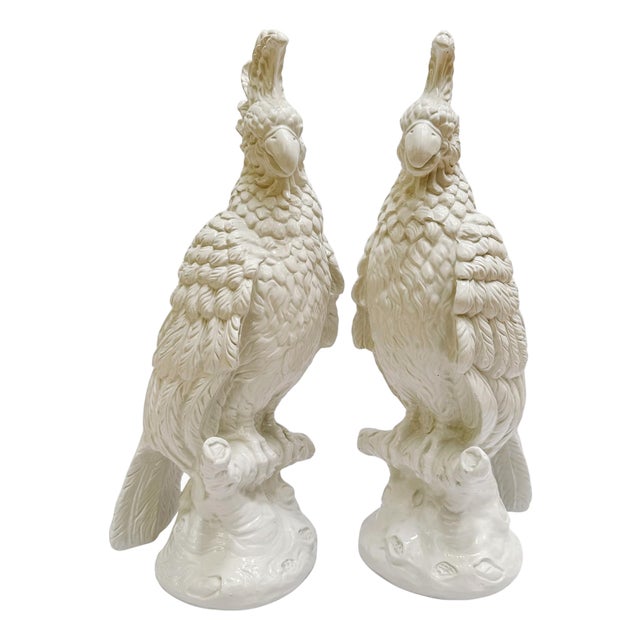 1960s Large Scale Mid-Century Italian Glazed Blanc De Chine Cockatoos - A Pair For Sale
