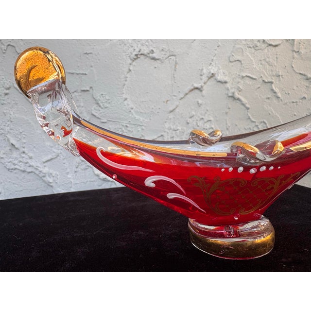 Vintage Murano Red Art Glass Venetian Gondola Ashtray With Gold & White Detailing For Sale In Orlando - Image 6 of 10