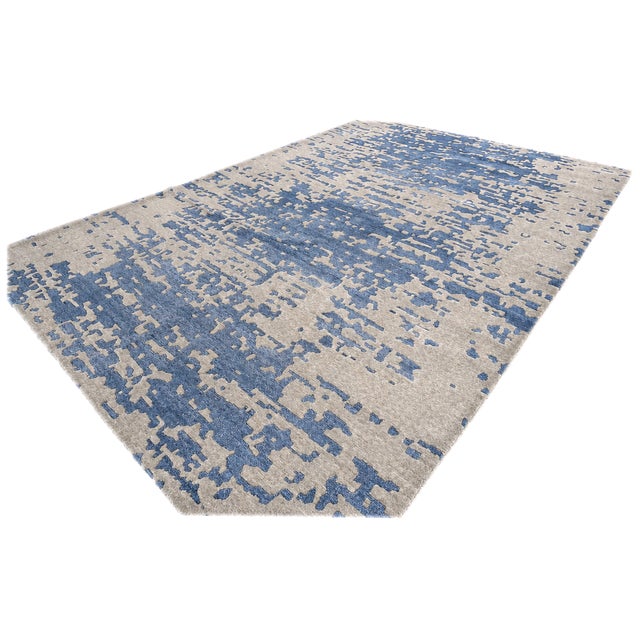 Nepalese Modern Wool and Silk 7x10 Grey & Blue Handmade Area Rug #1143458 For Sale - Image 4 of 7