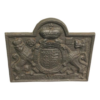 Large Iron Fire Back with Royal Crest and Motto, Late 19th Century For Sale
