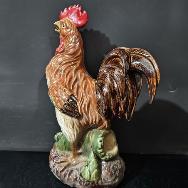 Ceramic Rooster Figurine, Colorful Hand-Painted With Bamboo Base (Peace & Safety Symbol) For Sale In New York - Image 6 of 7