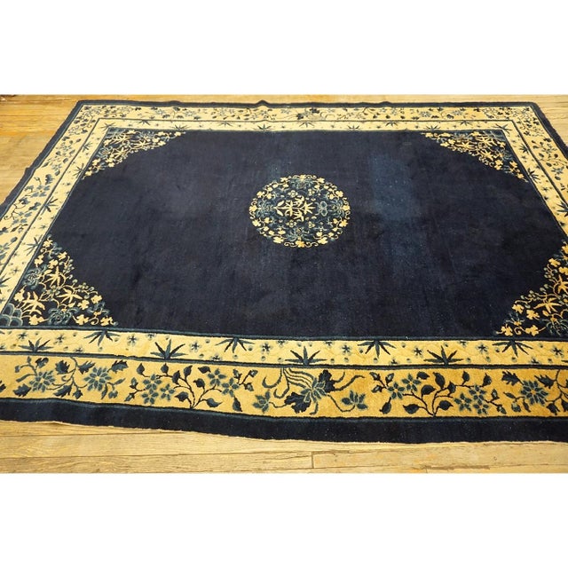 Chinese 1900s Wool Rectangle Antique Blue Chinese Peking Hallway Runner Knotted Rug For Sale - Image 3 of 12
