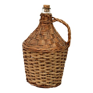 Antique Wicker Covered & Handled Wine Jug With Cork For Sale