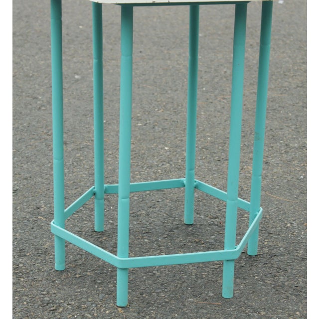 Metal Mid Century Modern Teal Painted Base Hexagon Top Patio Side Table For Sale - Image 7 of 11