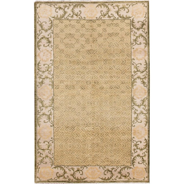 Modern Spanish Handmade Allover Designed Tan and Green Wool Rug 6 X 9 For Sale - Image 9 of 9