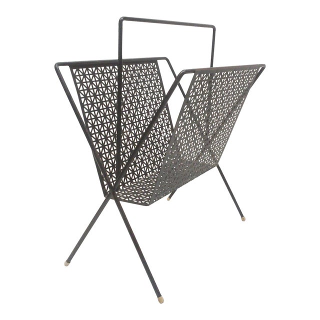 1950s Matthieu Mategot Style Magazine Rack Black Perforated Steel For Sale