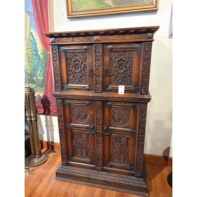 Brown Early 20th Century Hand-Carved Gothic Revival Two-Tiered Cabinet With Iron Hardware For Sale - Image 8 of 16