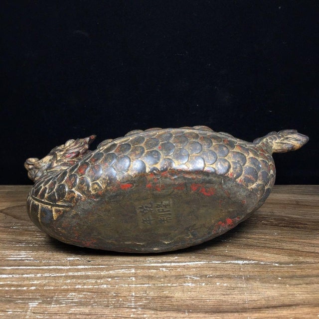 Vintage Gilt Bronze Dragon Boat Sculpture With Coin Motif and Red Patina For Sale - Image 9 of 9
