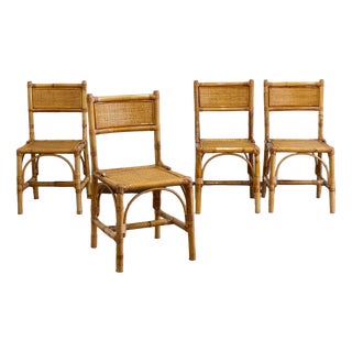 Bamboo and Rush Fabric Chairs, Italy, 1970s, Set of 4 For Sale