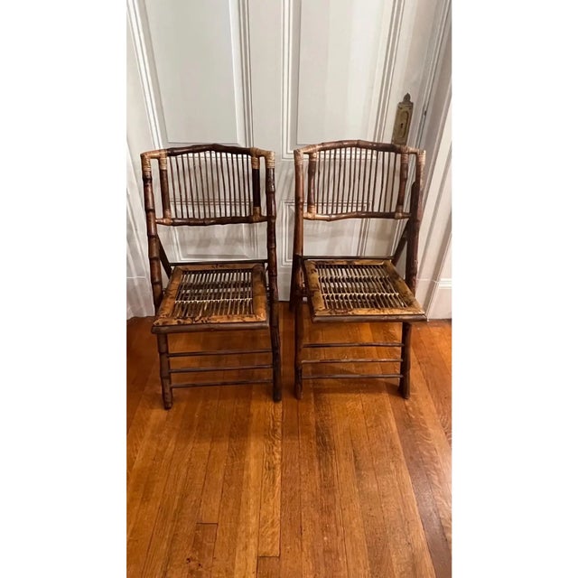 Brown 1990s Vintage Tortoiseshell Finish Bamboo Folding Chairs With Custom Cushions - a Pair For Sale - Image 8 of 10