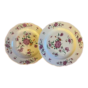 Antique 18th Century Chinese Export Porcelain Plates Decorated With Flowers in Famille Rose Palette - a Pair